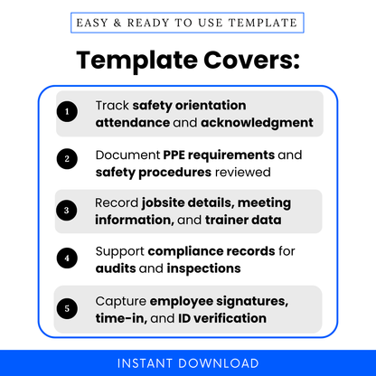 Construction safety template features graphic showing attendance tracking, PPE documentation, safety procedures, jobsite details, and compliance records checklist