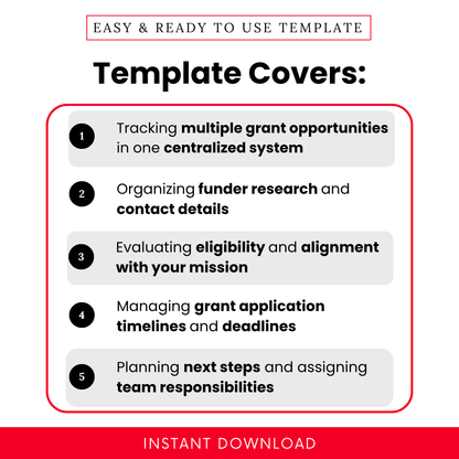 Simple Grant Prospect Research Tracker Template showcasing key use cases like tracking multiple grant opportunities and organizing funder research. This editable grant tracker template is ideal for nonprofits and small business teams looking to streamline grant applications and planning.