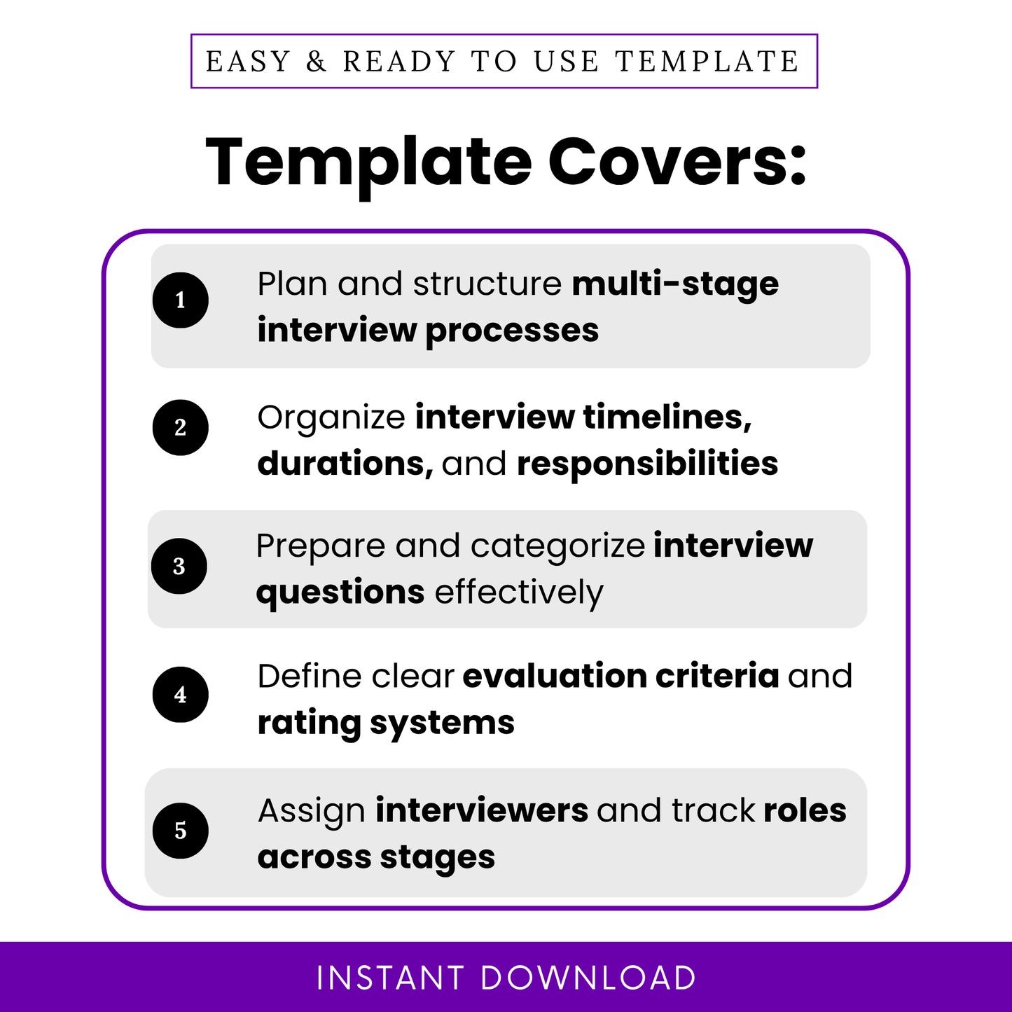 Interview process template features list showing multi-stage interview planning, hiring timeline organization, interview questions planning, evaluation criteria setup, recruiter workflow tool