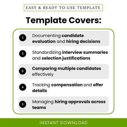 This Job Candidate Selection Approval Template highlights key use cases like candidate evaluation, interview summaries, and hiring decisions. A simple and editable HR template designed for teams and managers to streamline recruitment workflows and improve documentation consistency.