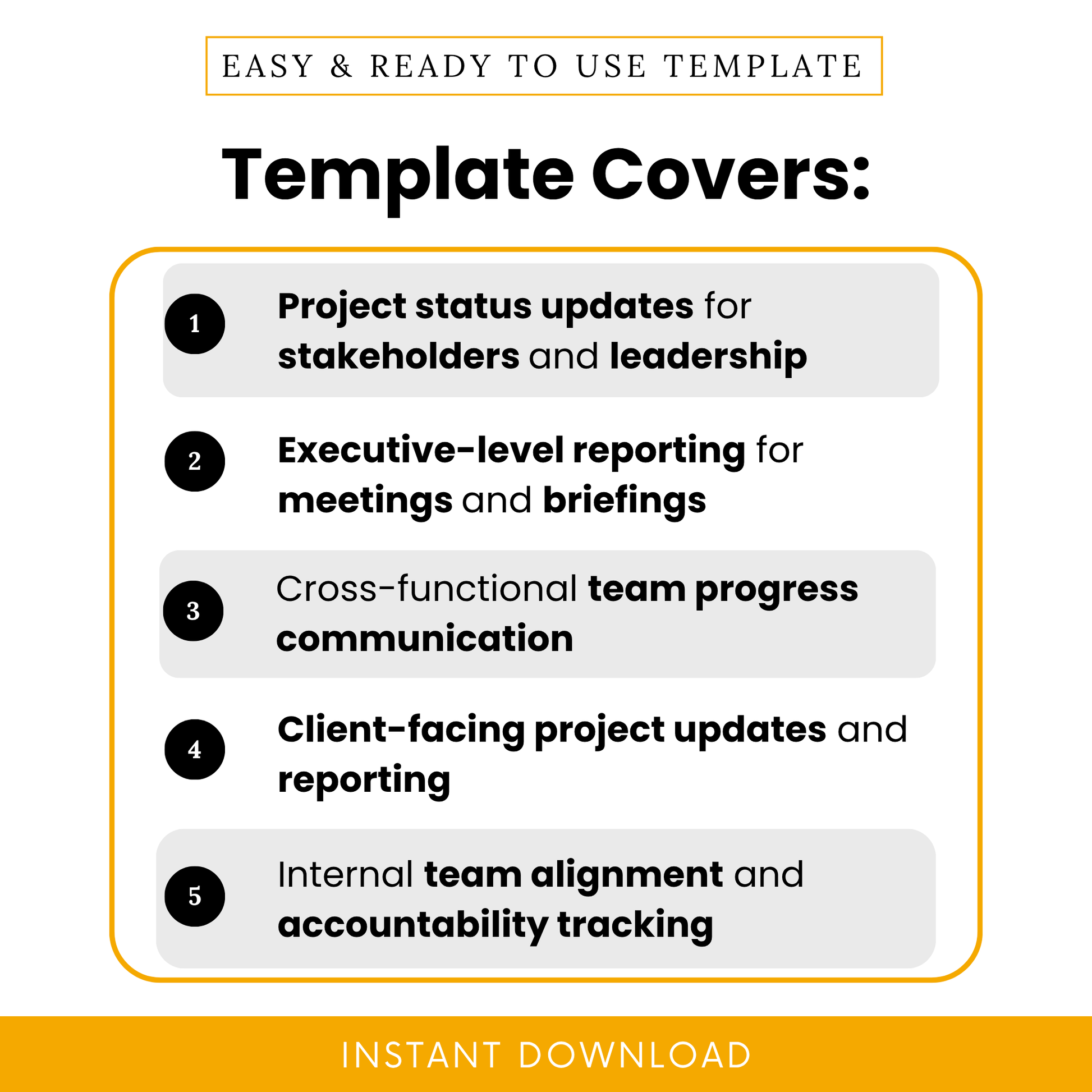 Stakeholder update template use cases showing project status updates, executive reporting, team communication, client reporting, and accountability tracking for business teams