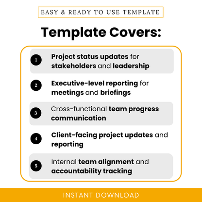 Stakeholder update template use cases showing project status updates, executive reporting, team communication, client reporting, and accountability tracking for business teams