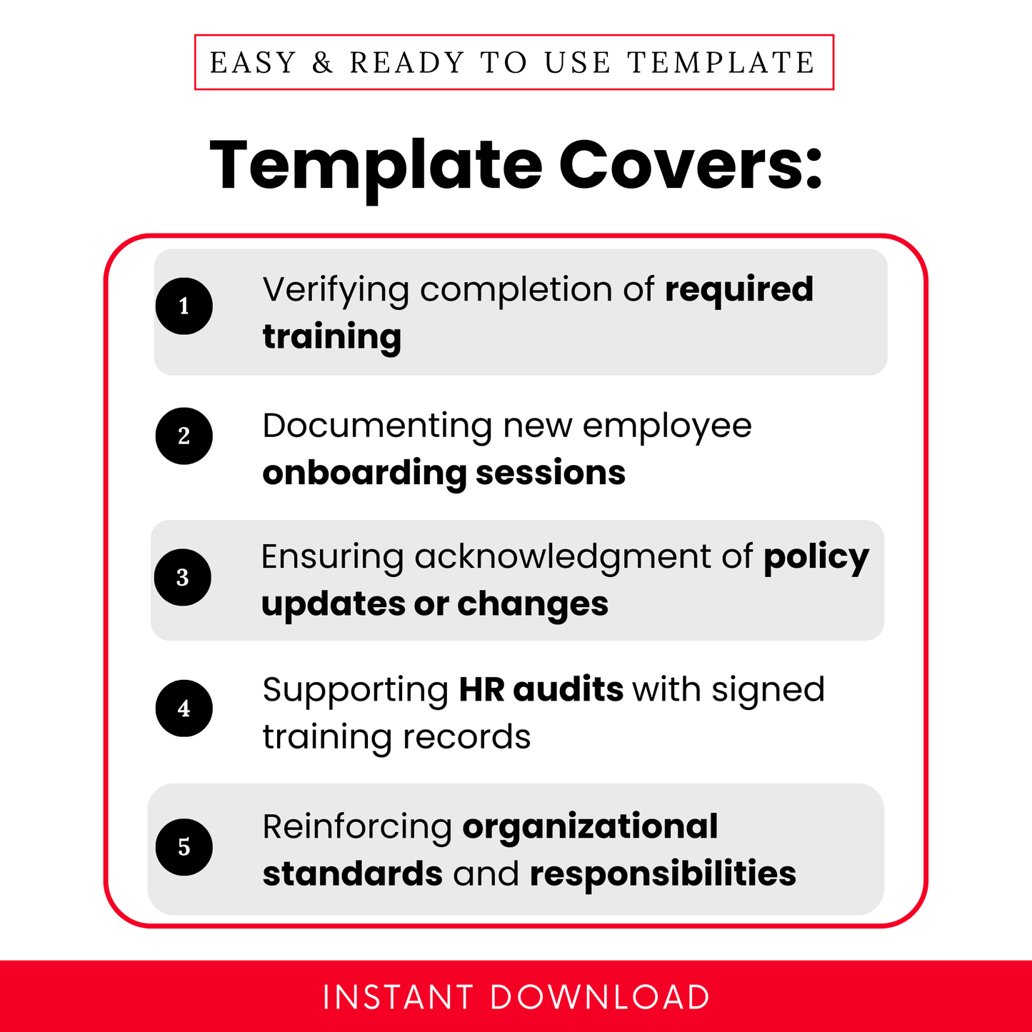 Highlights five uses of the training acknowledgement form template: verifying training completion, documenting onboarding, acknowledging policy updates, supporting HR audits, and reinforcing organizational standards.