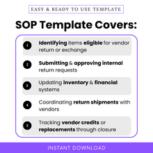 This image is a promotional graphic for an SOP template labeled "Easy & Ready to Use Template – SOP Template Covers." It outlines five key areas the template addresses: identifying items eligible for vendor return or exchange, submitting and approving internal return requests, updating inventory and financial systems, coordinating return shipments with vendors, and tracking vendor credits or replacements through closure. A purple banner at the bottom states "Instant Download."