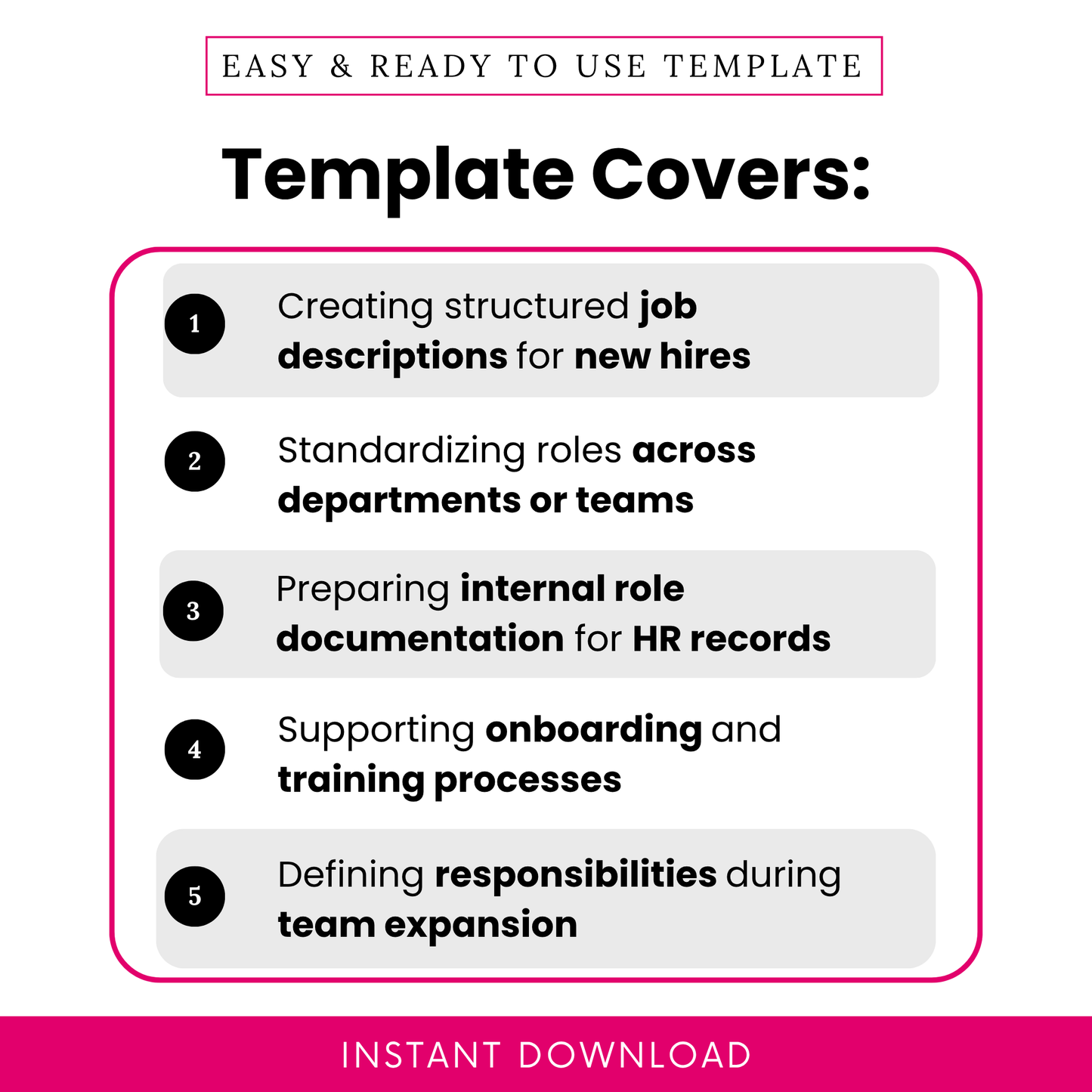 Position summary template use cases showing job description creation, HR documentation, onboarding support, team structure standardization, and role definition for business operations and hiring processes