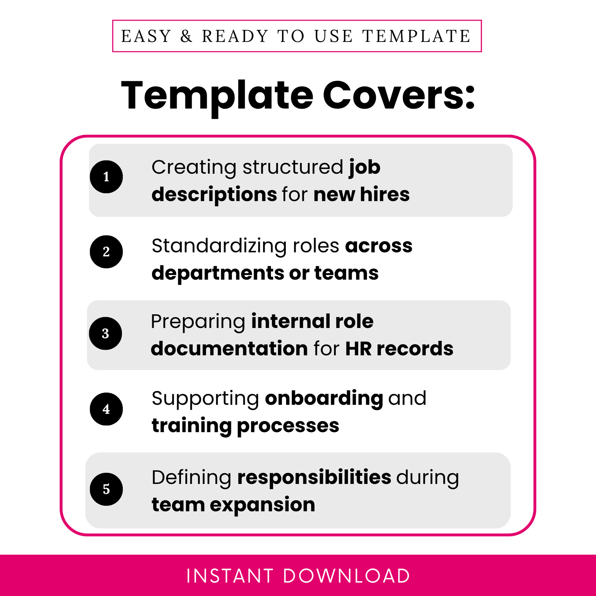 Position summary template use cases showing job description creation, HR documentation, onboarding support, team structure standardization, and role definition for business operations and hiring processes