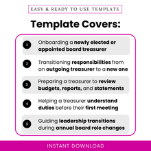 Nonprofit board treasurer onboarding checklist template covers onboarding a newly elected or appointed treasurer, transitioning duties from an outgoing treasurer, reviewing budgets and reports, understanding responsibilities, and supporting annual leadership transitions
