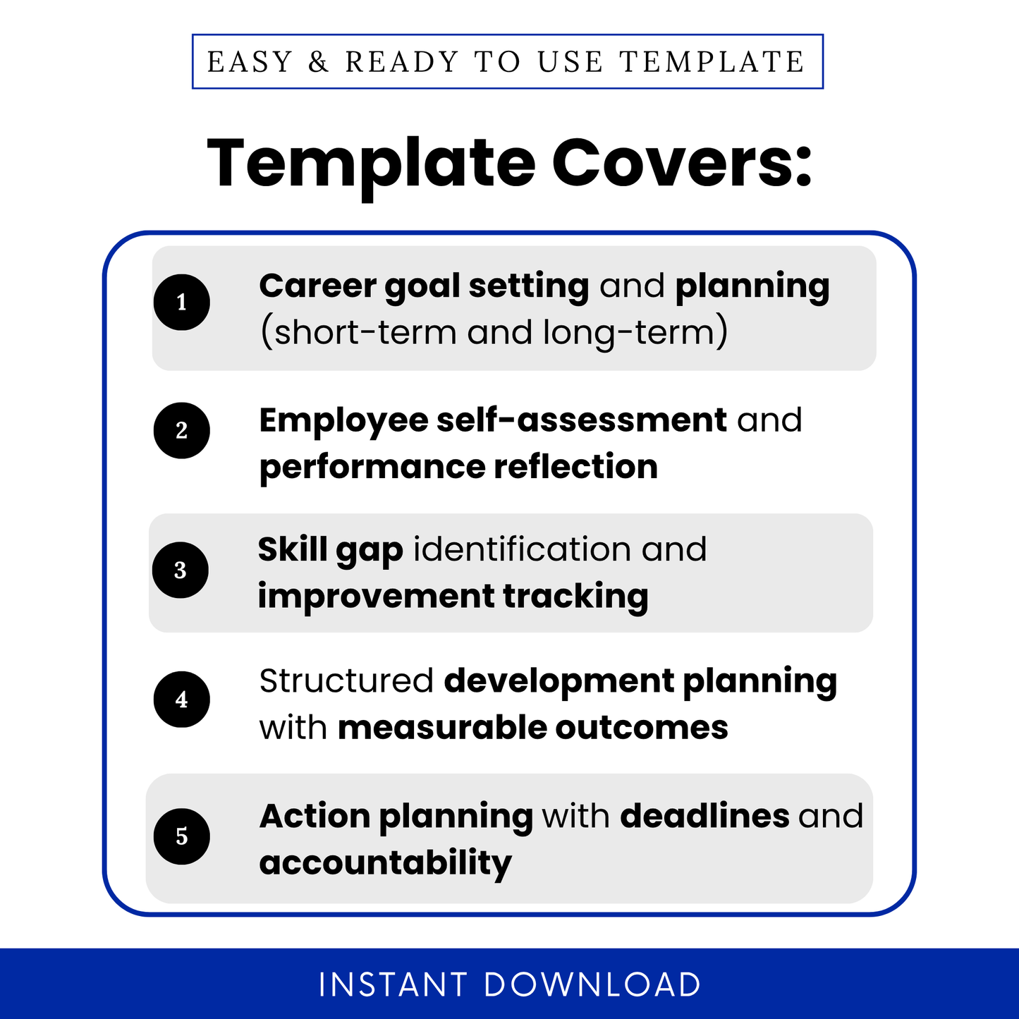 Simple IDP template Word highlighting key features such as career goal setting, employee self-assessment, performance reflection, and skill gap tracking for effective career development planning