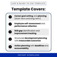 Simple IDP template Word highlighting key features such as career goal setting, employee self-assessment, performance reflection, and skill gap tracking for effective career development planning