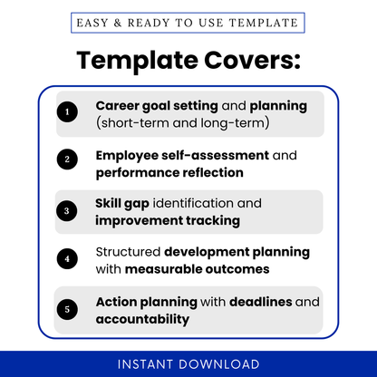 Simple IDP template Word highlighting key features such as career goal setting, employee self-assessment, performance reflection, and skill gap tracking for effective career development planning