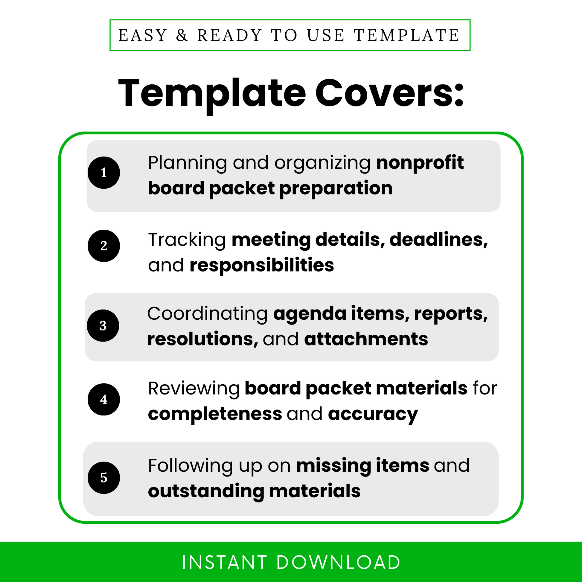 Feature graphic titled “Template Covers” listing five benefits of the Nonprofit Board Packet Assembly Checklist, including planning board packet preparation, tracking meeting details and deadlines, coordinating agenda items and attachments, reviewing completeness and accuracy, and following up on missing materials.