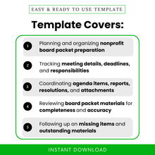 Feature graphic titled “Template Covers” listing five benefits of the Nonprofit Board Packet Assembly Checklist, including planning board packet preparation, tracking meeting details and deadlines, coordinating agenda items and attachments, reviewing completeness and accuracy, and following up on missing materials.
