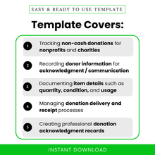 Simple In-Kind Donation Form Template highlighting key uses like tracking non-cash donations, recording donor information, and managing donation delivery. This editable donation form template is perfect for nonprofits, charities, and organizations needing professional documentation and organized donation records.