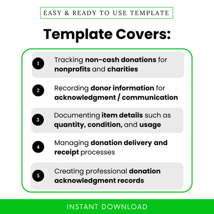 Simple In-Kind Donation Form Template highlighting key uses like tracking non-cash donations, recording donor information, and managing donation delivery. This editable donation form template is perfect for nonprofits, charities, and organizations needing professional documentation and organized donation records.
