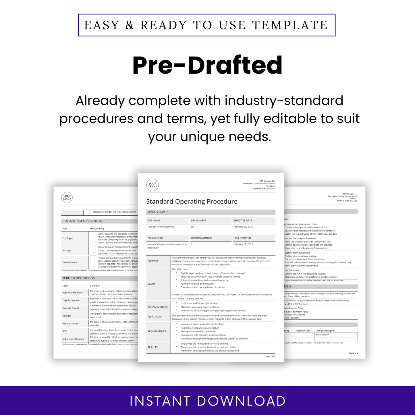 Expense Reimbursement SOP template promotional graphic. Showcases a pre-written, industry-standard document with structured procedures and terms. The image includes a document preview highlighting key sections such as roles and responsibilities, terms and definitions, and procedure steps. The design emphasizes full editability to suit business needs. A purple 'Instant Download' banner at the bottom indicates immediate access upon purchase.