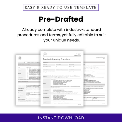 Expense Reimbursement SOP template promotional graphic. Showcases a pre-written, industry-standard document with structured procedures and terms. The image includes a document preview highlighting key sections such as roles and responsibilities, terms and definitions, and procedure steps. The design emphasizes full editability to suit business needs. A purple 'Instant Download' banner at the bottom indicates immediate access upon purchase.