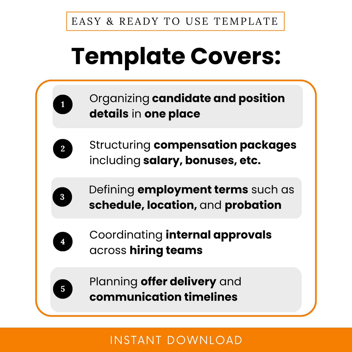 Job offer letter template features overview showing candidate details organization, compensation structure planning, employment terms tracking, and hiring workflow management