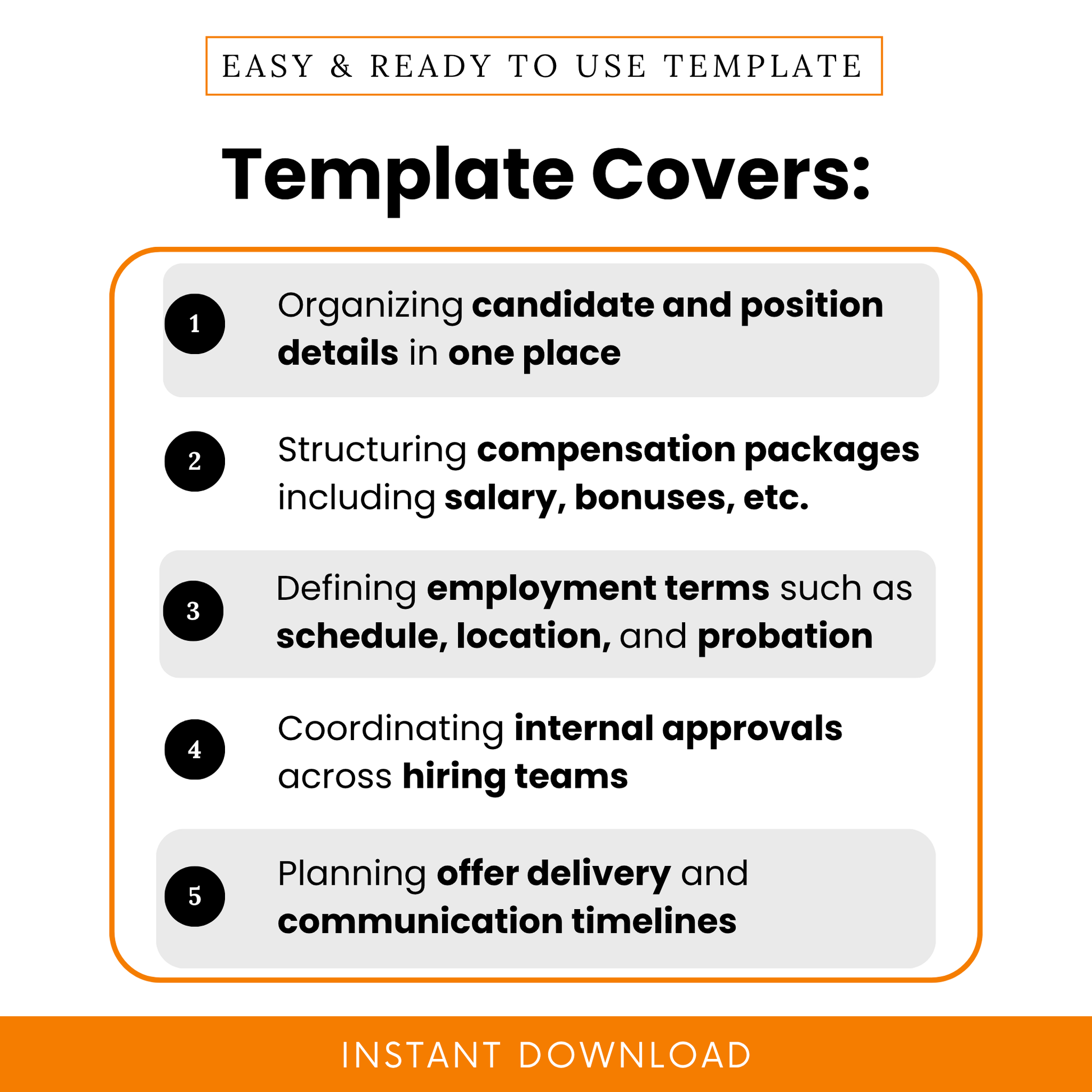 Job offer letter template features overview showing candidate details organization, compensation structure planning, employment terms tracking, and hiring workflow management