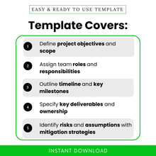 Visual breakdown of key template features including project objectives, responsibilities, milestones, deliverables, and risk strategies.