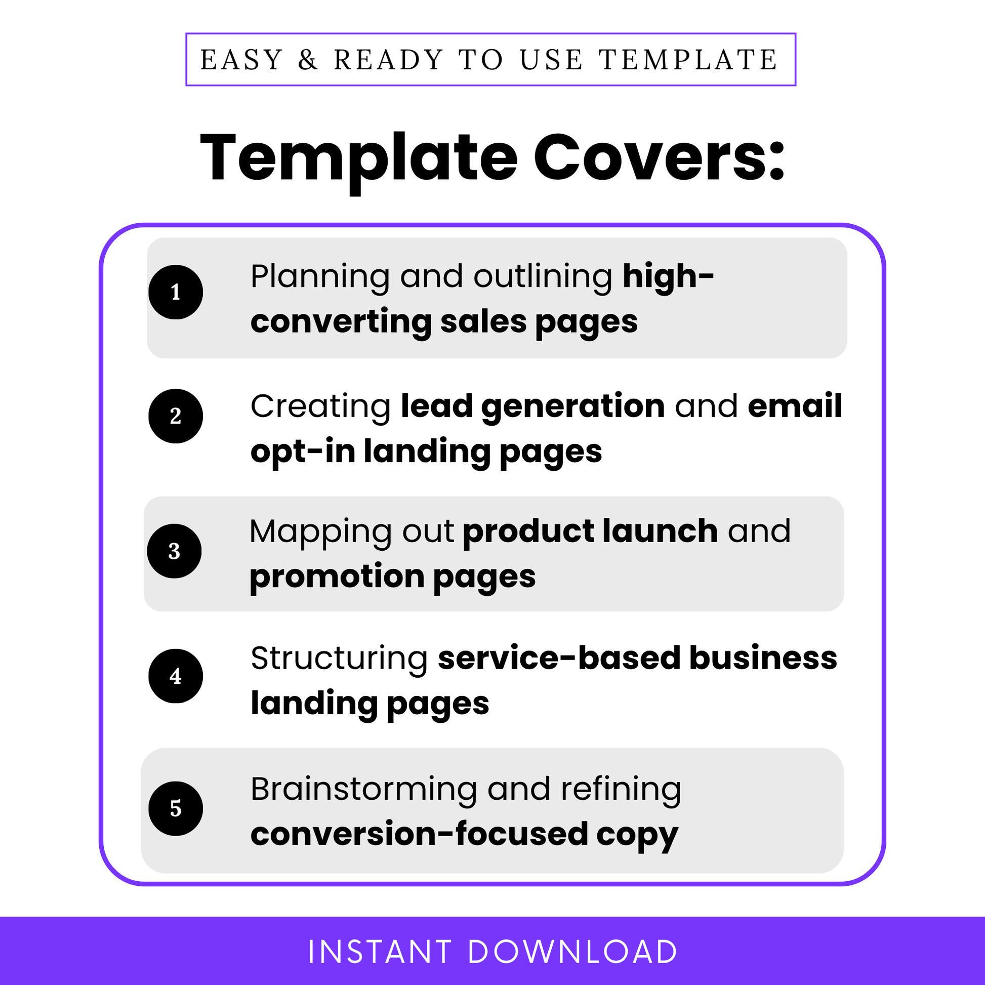 Simple Landing Page Wireframe Template highlighting key use cases like sales pages, lead generation, and product launches. This editable Landing Page Wireframe Template PDF is perfect for entrepreneurs and marketing teams organizing conversion-focused landing page content.