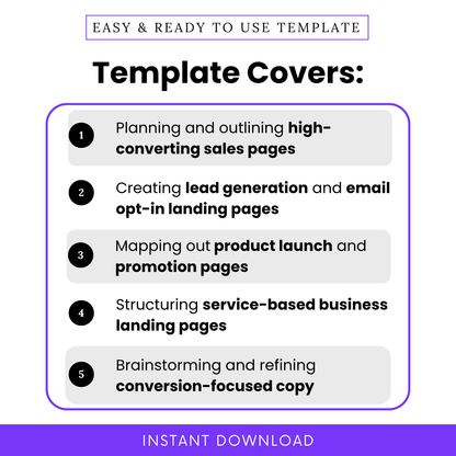 Simple Landing Page Wireframe Template highlighting key use cases like sales pages, lead generation, and product launches. This editable Landing Page Wireframe Template PDF is perfect for entrepreneurs and marketing teams organizing conversion-focused landing page content.