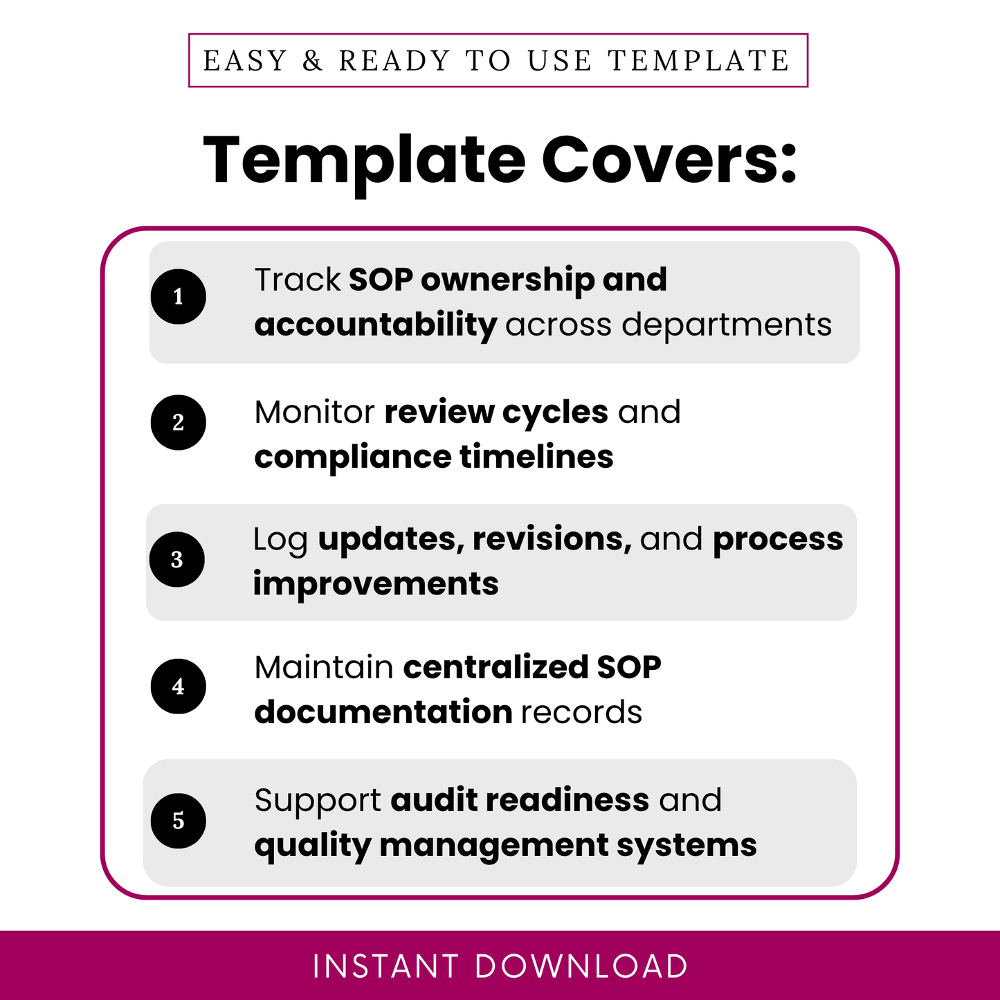 SOP ownership log template features highlighting accountability tracking, review cycles, compliance timelines, process updates, and audit readiness for business operations