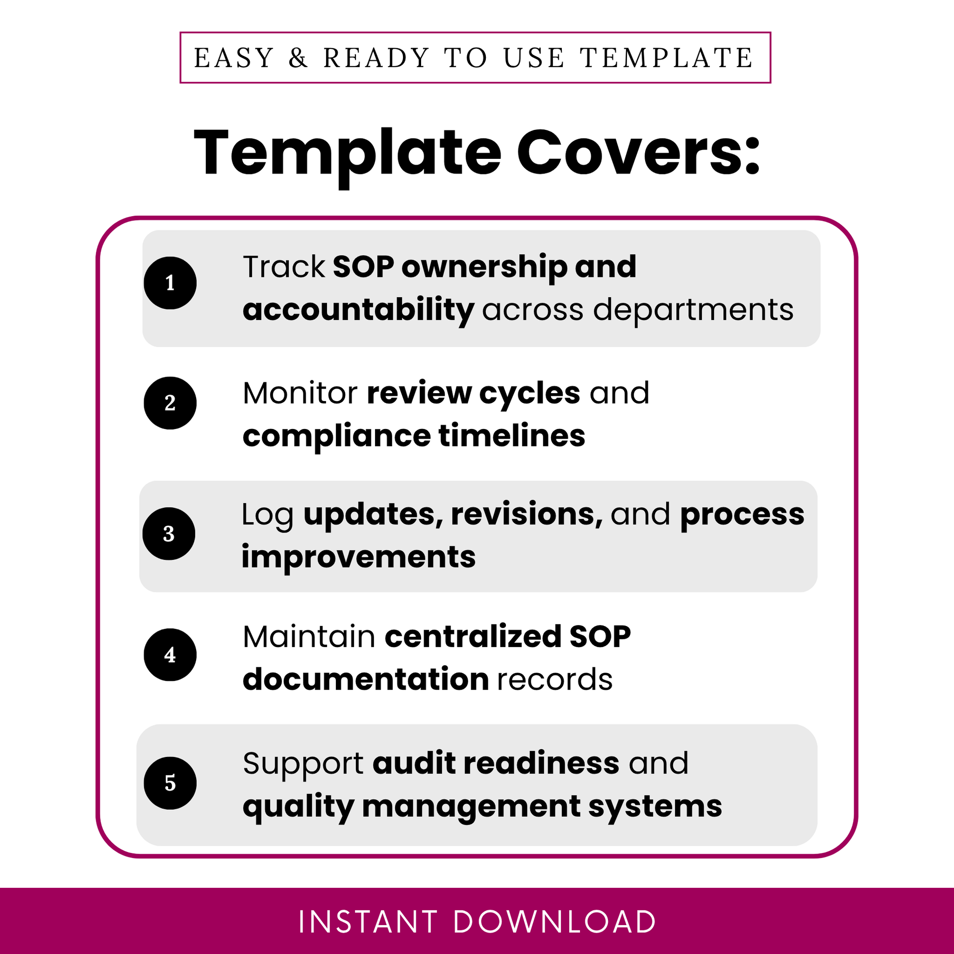 SOP ownership log template features highlighting accountability tracking, review cycles, compliance timelines, process updates, and audit readiness for business operations