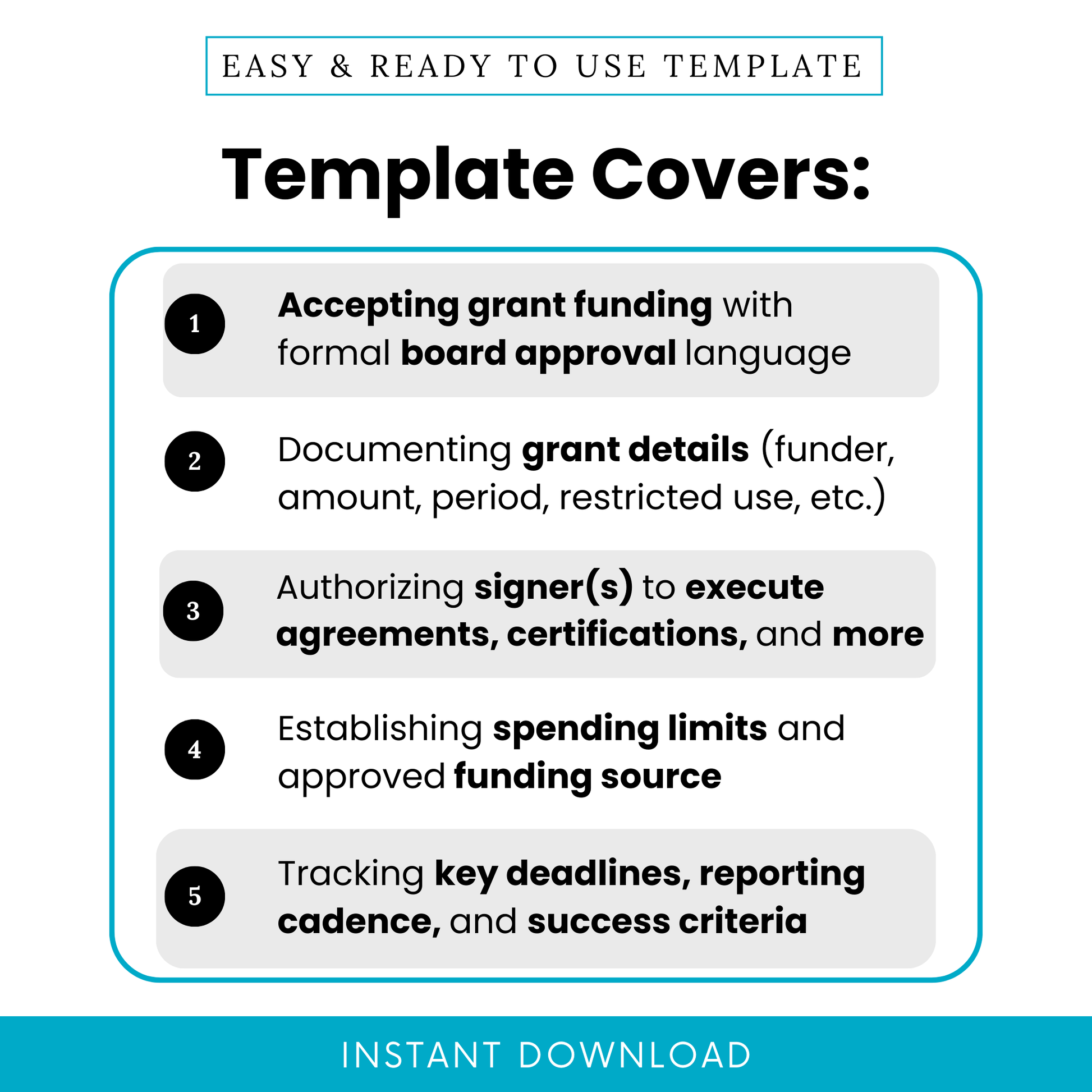 Grant acceptance board resolution template highlighting features such as formal approval language, grant documentation details, authorized signers, spending limits, and reporting deadlines