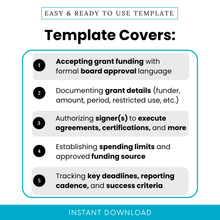 Grant acceptance board resolution template highlighting features such as formal approval language, grant documentation details, authorized signers, spending limits, and reporting deadlines