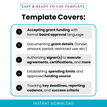 Grant acceptance board resolution template highlighting features such as formal approval language, grant documentation details, authorized signers, spending limits, and reporting deadlines
