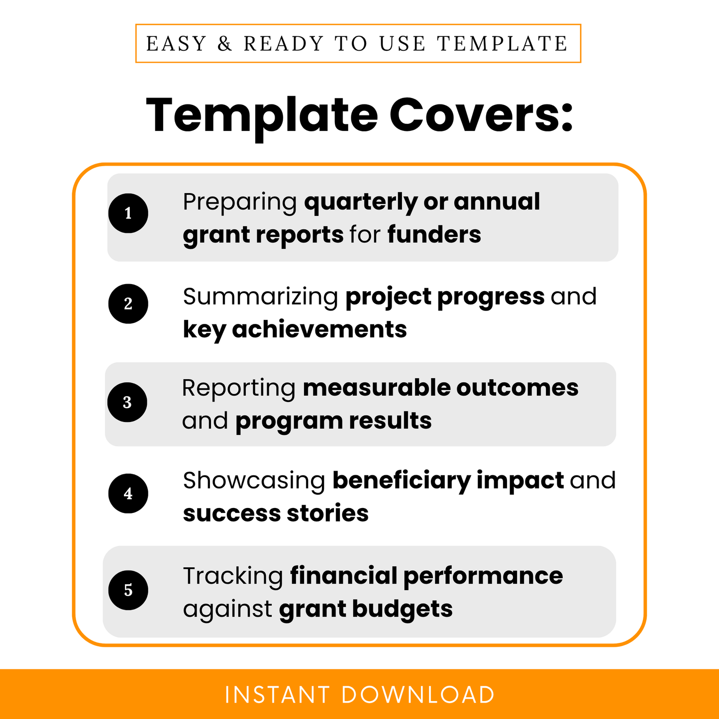 Simple Grant Reporting Template highlighting key use cases like quarterly reporting, tracking outcomes, and financial performance. This editable Grant Report Template PDF is perfect for nonprofits and teams needing a structured, professional reporting tool.