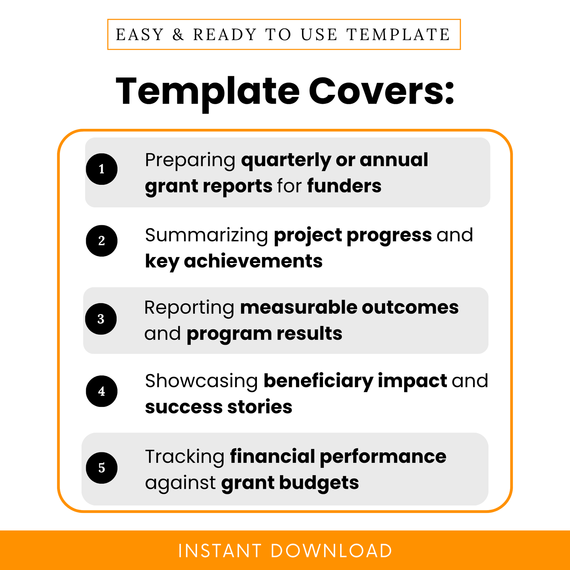 Simple Grant Reporting Template highlighting key use cases like quarterly reporting, tracking outcomes, and financial performance. This editable Grant Report Template PDF is perfect for nonprofits and teams needing a structured, professional reporting tool.