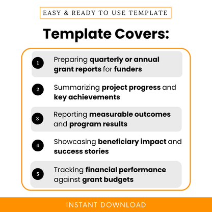 Simple Grant Reporting Template highlighting key use cases like quarterly reporting, tracking outcomes, and financial performance. This editable Grant Report Template PDF is perfect for nonprofits and teams needing a structured, professional reporting tool.