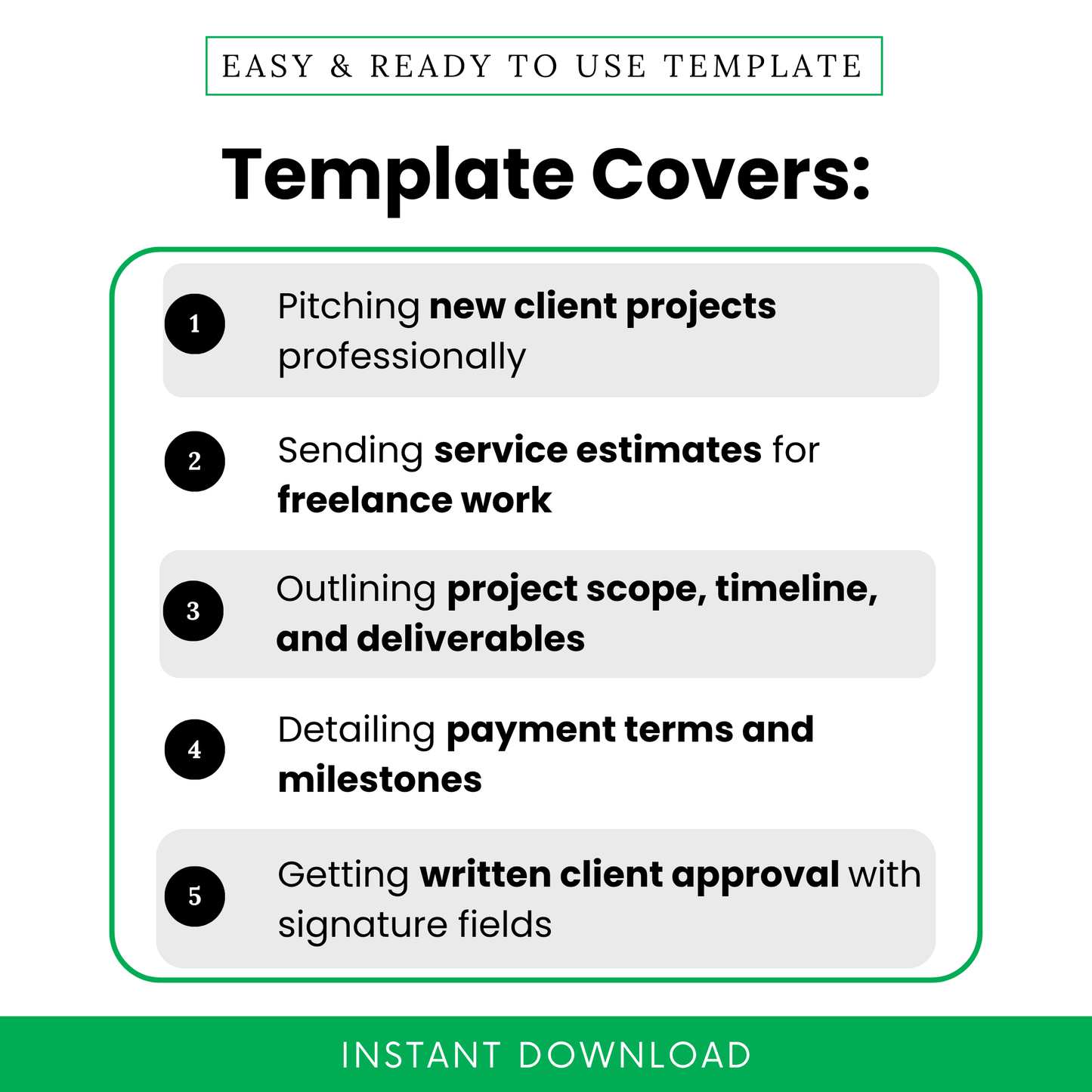 Freelance proposal template features showing project pitching, service estimates, project scope, payment terms, and client approval sections, ideal for freelancers, consultants, and creative professionals