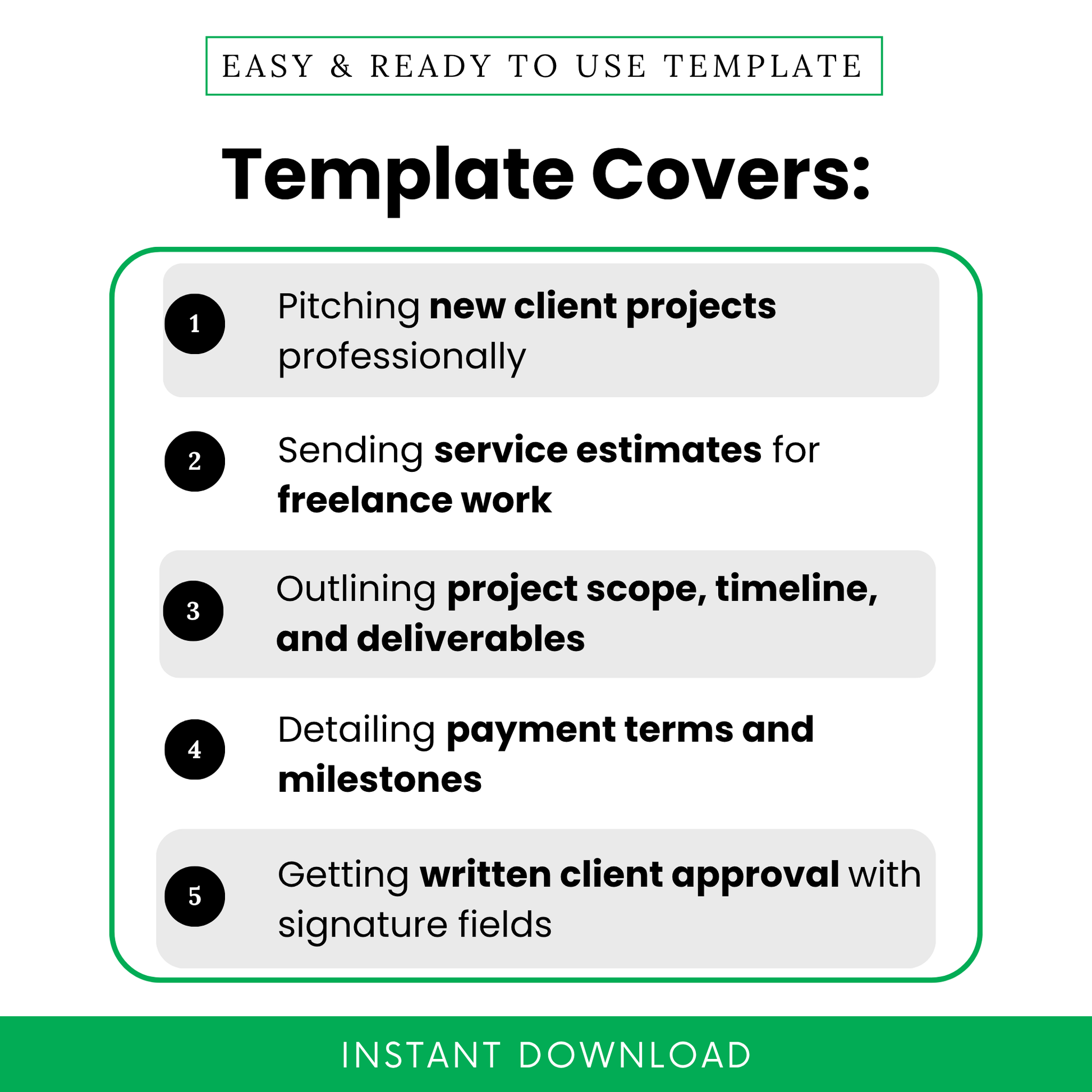 Freelance proposal template features showing project pitching, service estimates, project scope, payment terms, and client approval sections, ideal for freelancers, consultants, and creative professionals