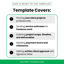 Freelance proposal template features showing project pitching, service estimates, project scope, payment terms, and client approval sections, ideal for freelancers, consultants, and creative professionals