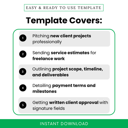 Freelance proposal template features showing project pitching, service estimates, project scope, payment terms, and client approval sections, ideal for freelancers, consultants, and creative professionals
