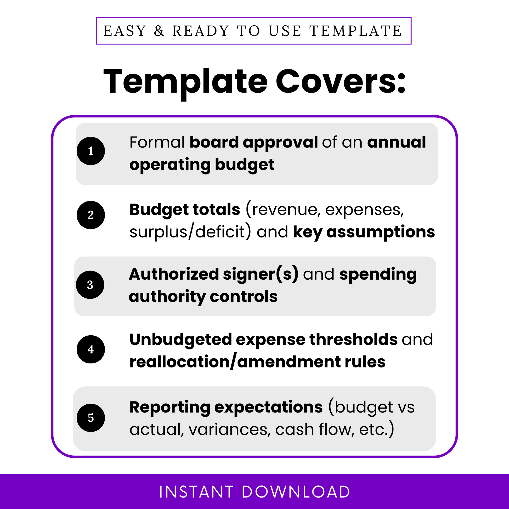 Nonprofit board resolution template covers annual budget approval revenue expenses surplus deficit assumptions authorized signers spending controls and reporting expectations