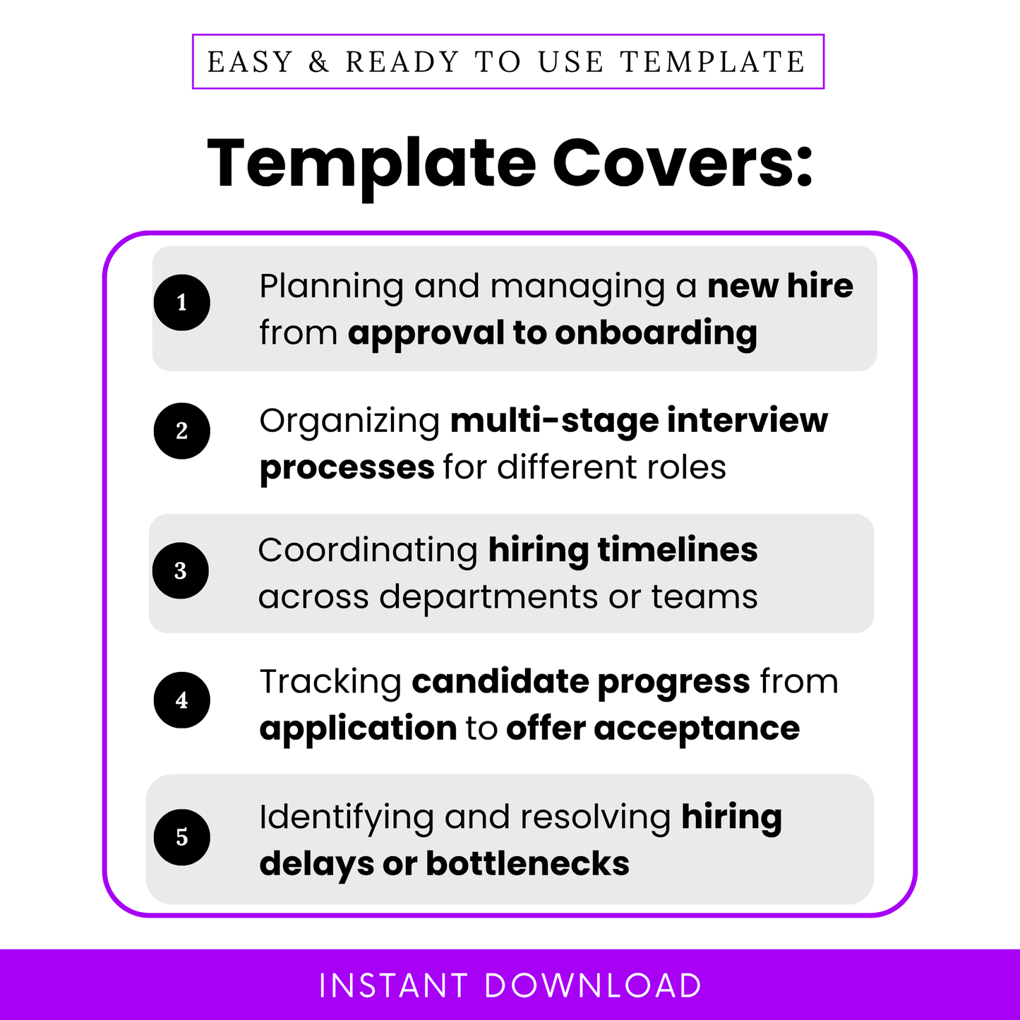 Recruitment timeline template use cases including new hire planning, multi-stage interviews, hiring timeline coordination, candidate tracking, and hiring bottleneck management