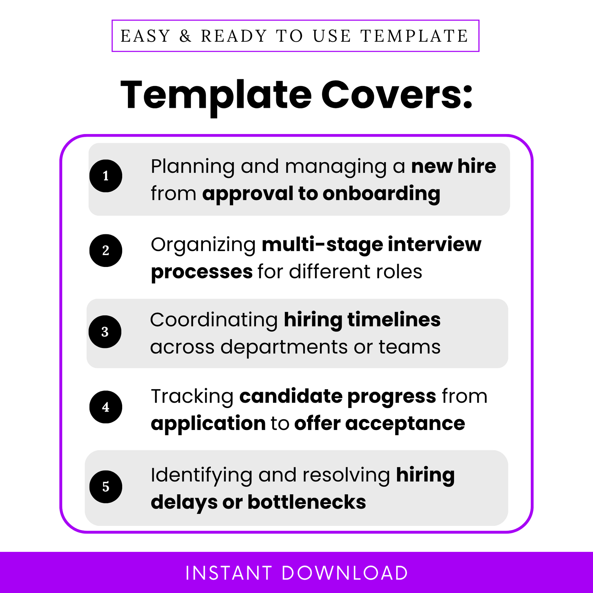 Recruitment timeline template use cases including new hire planning, multi-stage interviews, hiring timeline coordination, candidate tracking, and hiring bottleneck management