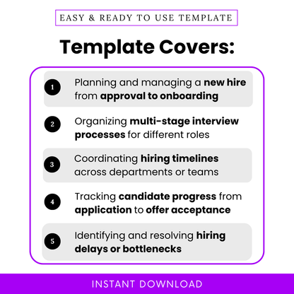 Recruitment timeline template use cases including new hire planning, multi-stage interviews, hiring timeline coordination, candidate tracking, and hiring bottleneck management