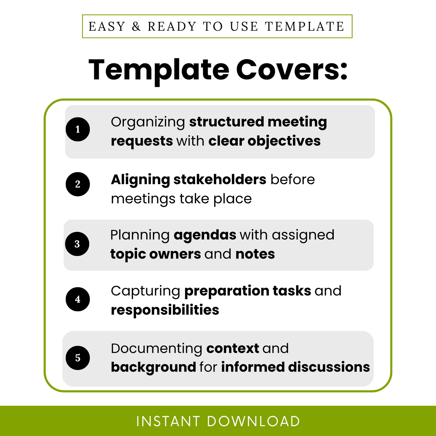 Meeting planning template features infographic showing structured meeting requests, stakeholder alignment, agenda planning, preparation tasks, and context documentation for business productivity