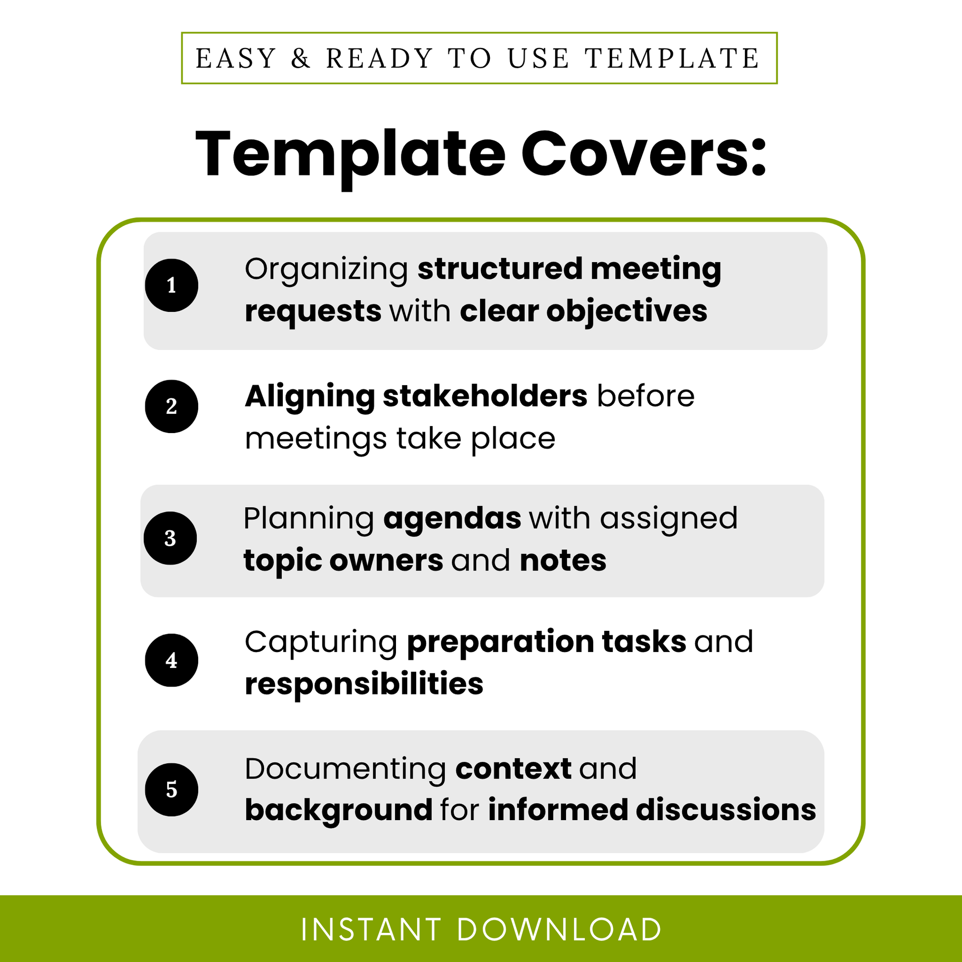 Meeting planning template features infographic showing structured meeting requests, stakeholder alignment, agenda planning, preparation tasks, and context documentation for business productivity