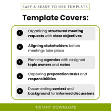 Meeting planning template features infographic showing structured meeting requests, stakeholder alignment, agenda planning, preparation tasks, and context documentation for business productivity