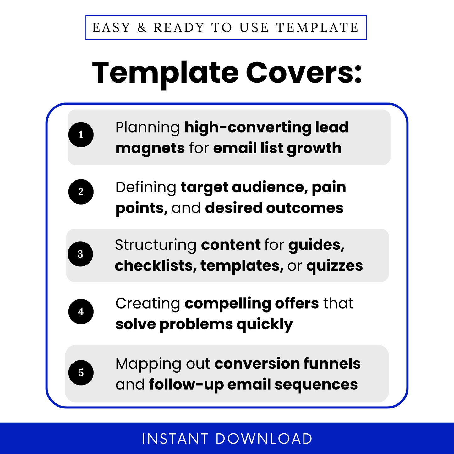 Simple Lead Magnet Planning Template highlighting key features like email list growth, audience targeting, and conversion strategy. This editable Lead Magnet Planning Template PDF is perfect for entrepreneurs and marketers planning guides, checklists, templates, or quizzes for lead generation.