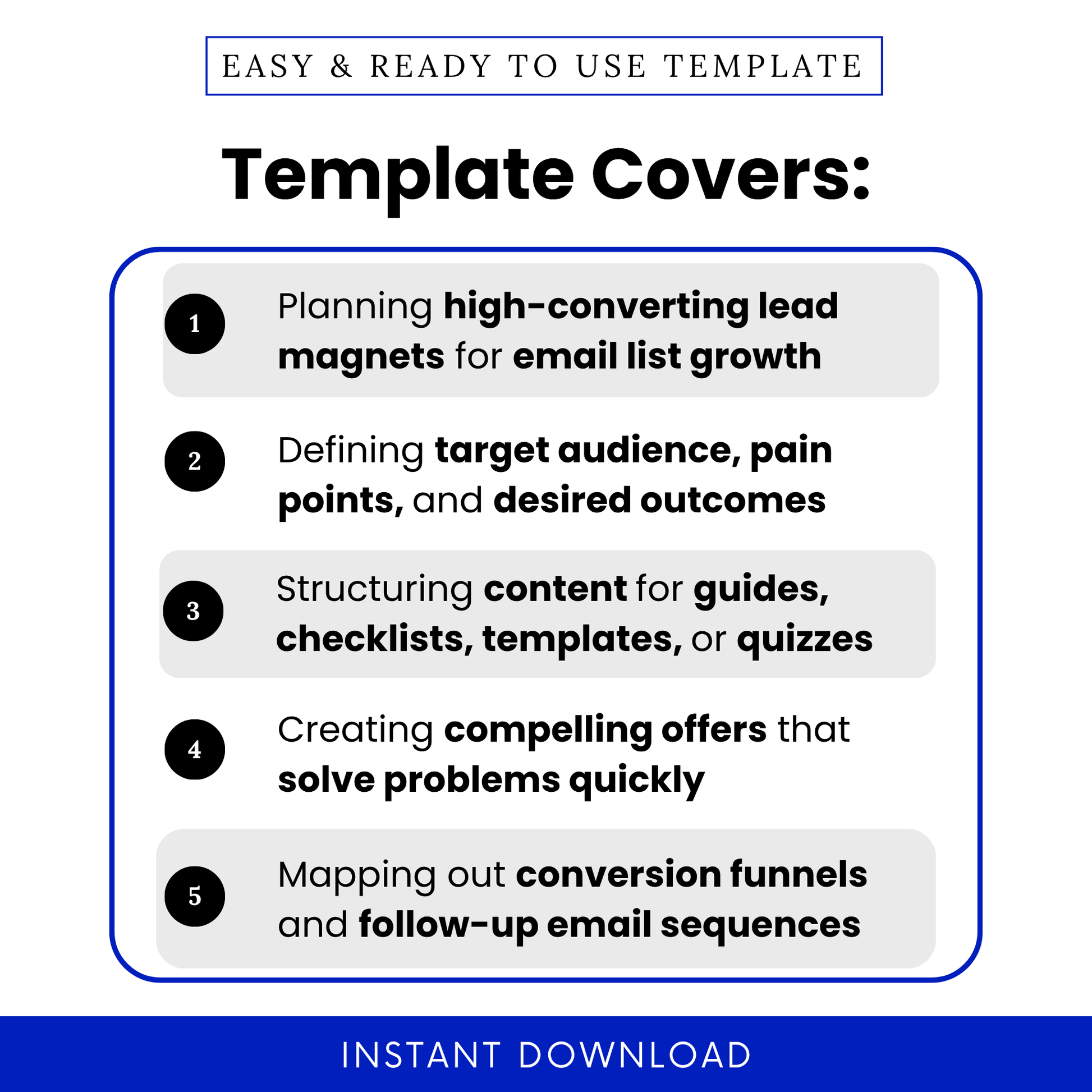 Simple Lead Magnet Planning Template highlighting key features like email list growth, audience targeting, and conversion strategy. This editable Lead Magnet Planning Template PDF is perfect for entrepreneurs and marketers planning guides, checklists, templates, or quizzes for lead generation.