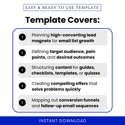 Simple Lead Magnet Planning Template highlighting key features like email list growth, audience targeting, and conversion strategy. This editable Lead Magnet Planning Template PDF is perfect for entrepreneurs and marketers planning guides, checklists, templates, or quizzes for lead generation.
