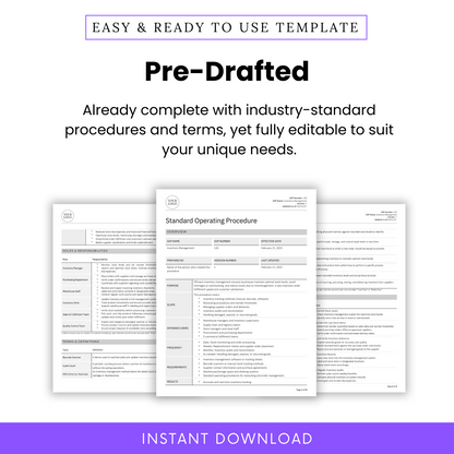 Pre-Drafted SOP Template for Inventory Management – Fully Editable Standard Operating Procedure (SOP) in Word and PDF. Professionally formatted with industry-standard procedures, roles, responsibilities, and definitions. Perfect for manufacturing, supply chain, and operations management. Customize to fit your business needs. Instant digital download for immediate use.