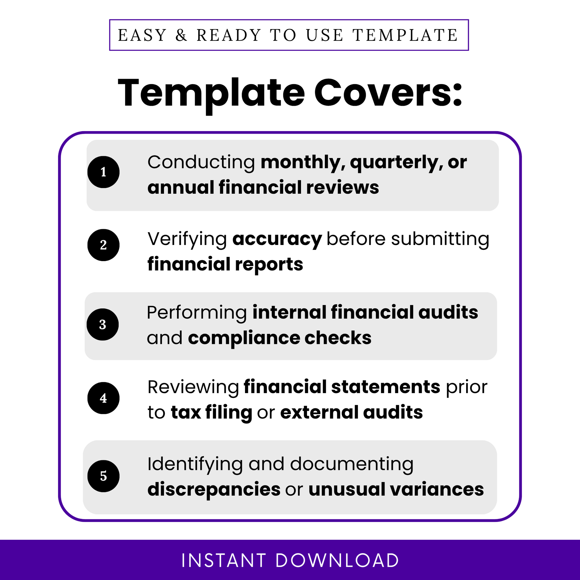 Financial review template use cases including monthly and quarterly financial reviews, audit preparation, financial report verification, and variance tracking checklist.