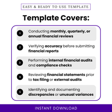 Financial review template use cases including monthly and quarterly financial reviews, audit preparation, financial report verification, and variance tracking checklist.